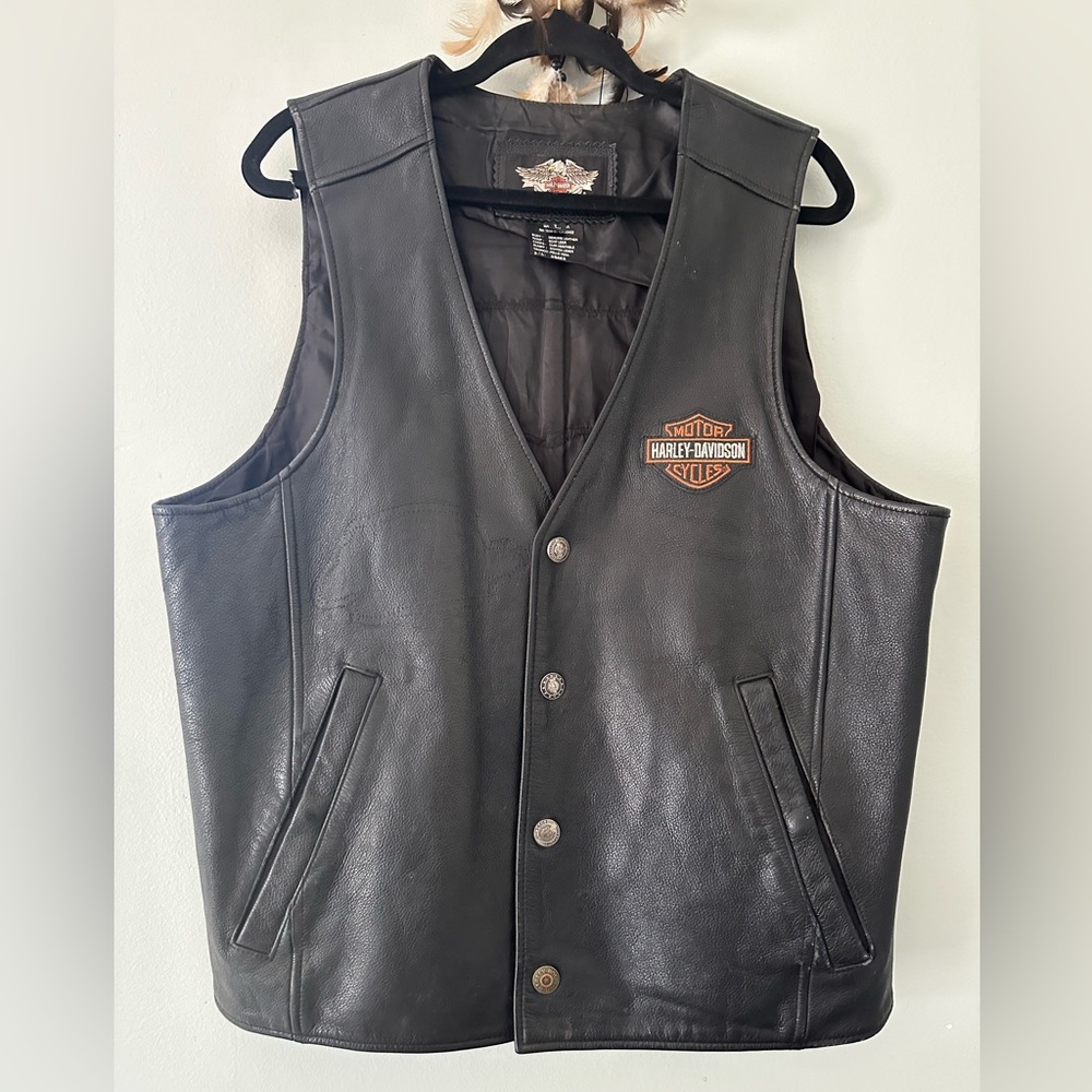 Harley Davidson Motorcycle Size Vest Large Black Genuine Leather Snap Front - Picture 12 of 15
